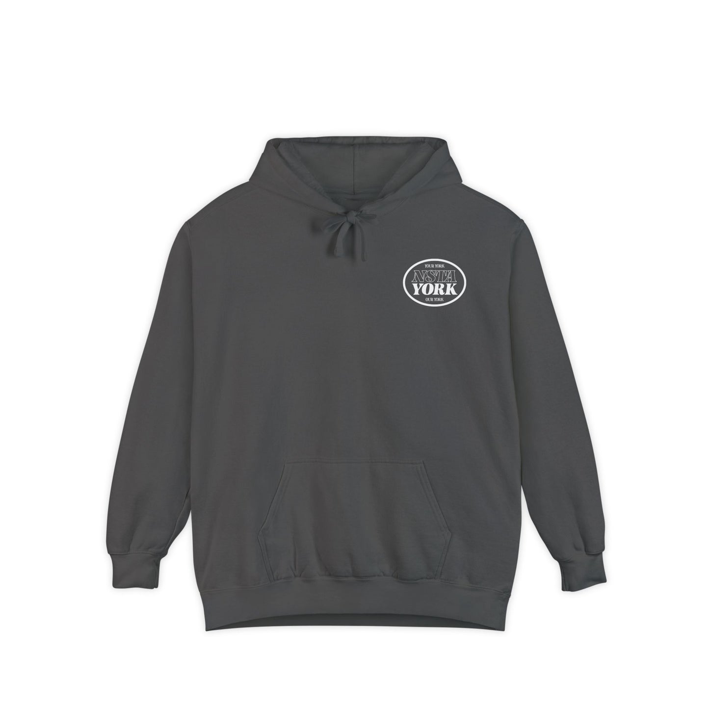 Nuestra York Statement - Pepper Gray Hoodie Front and Back