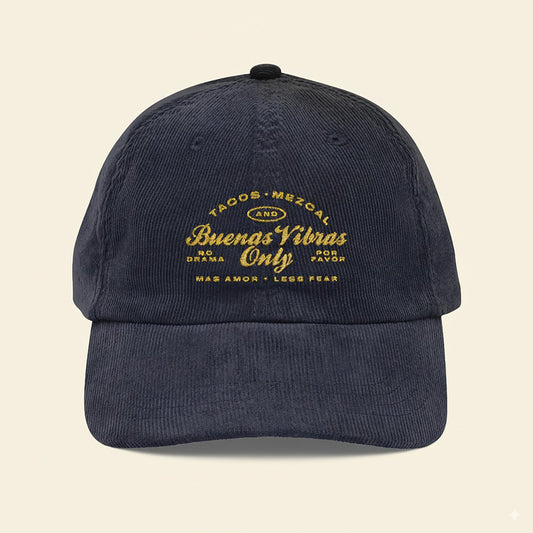 Tacos Mezcal and Buenas Vibras - Vintage Navy Embroidered Corduroy Cap