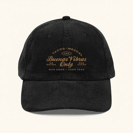 Tacos Mezcal and Buenas Vibras - Vintage Black Embroidered Corduroy Cap