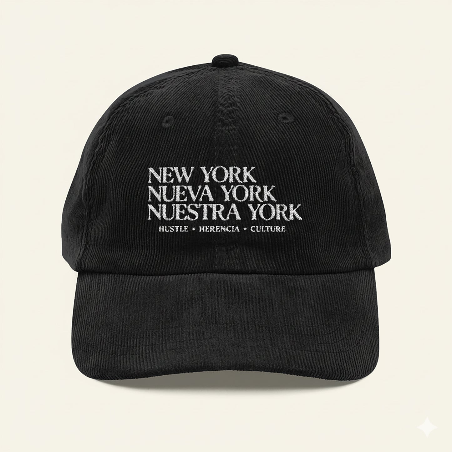 New York, Nueva York to Nuestra York - Typography Black Corduroy Cap