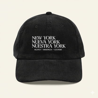 New York, Nueva York to Nuestra York - Typography Black Corduroy Cap