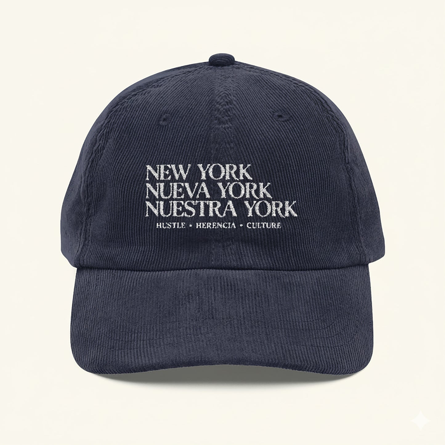 New York, Nueva York to Nuestra York - Typography Navy Corduroy Cap