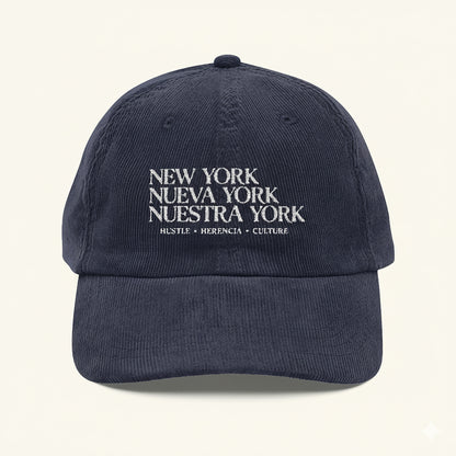 New York, Nueva York to Nuestra York - Typography Navy Corduroy Cap