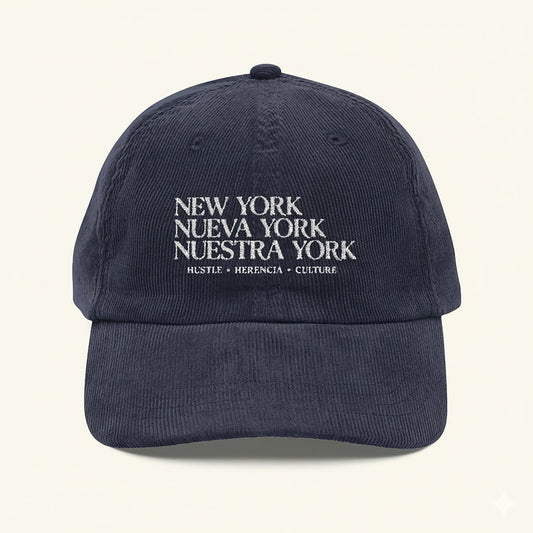 New York, Nueva York to Nuestra York - Typography Navy Corduroy Cap
