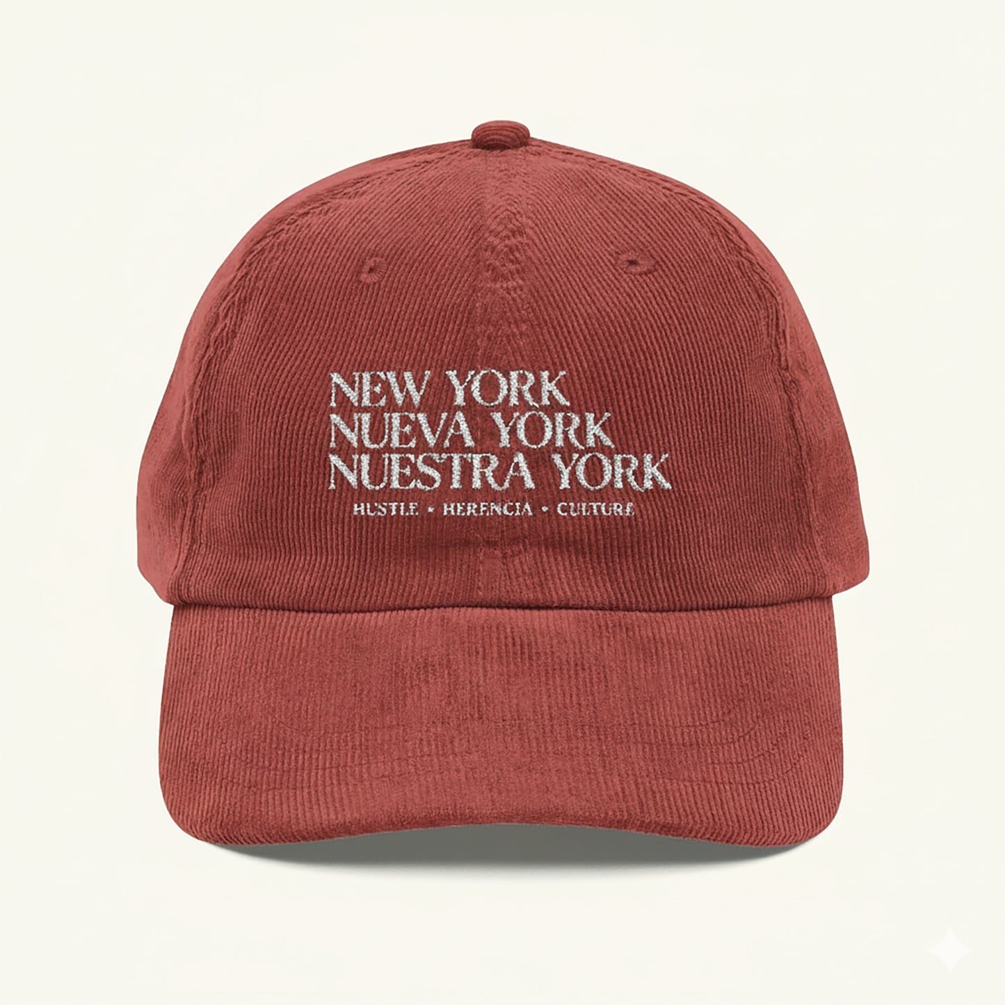Nuestra York -Typographic Terracota Corduroy Cap