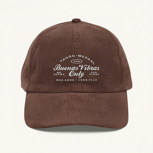 Tacos Mezcal and Buenas Vibras - Vintage Brown Embroidered Corduroy Cap